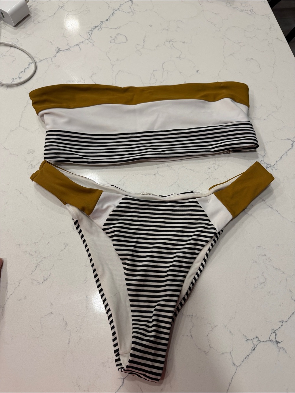 Striped Black & White Bandeau Bikini with Mustard Accents